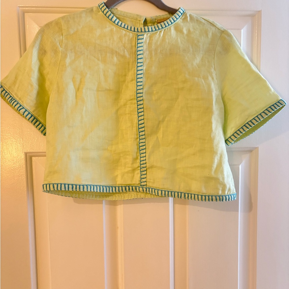 Magaschoni Lime Linen Shirt with Blue Stiching